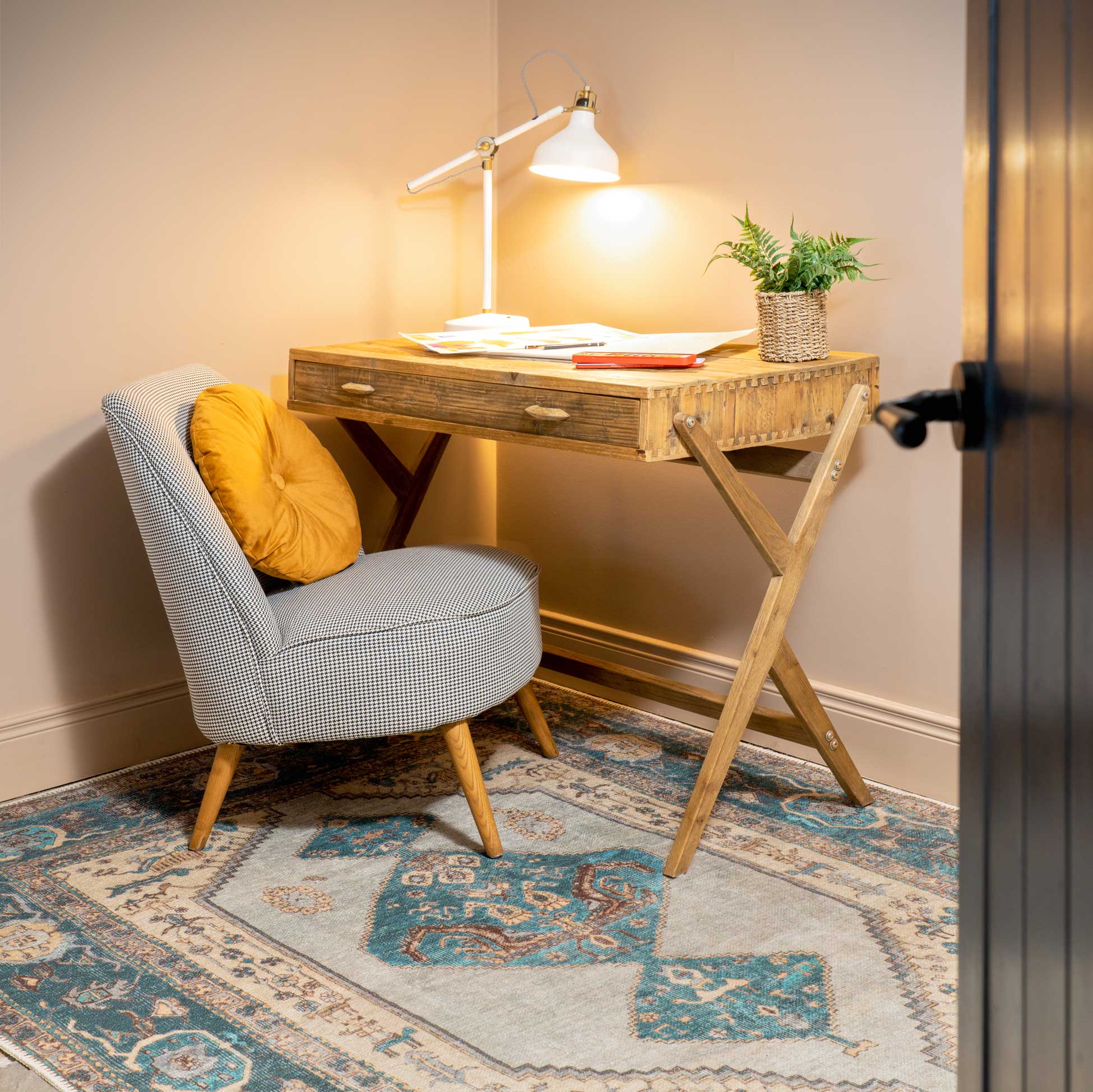 Distressed Teal Bordered Washable Area Rug