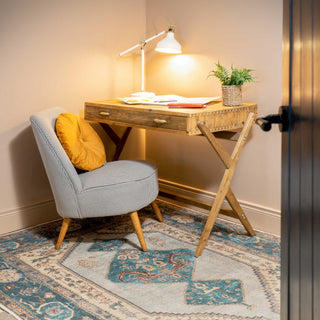 Distressed Teal Bordered Washable Area Rug