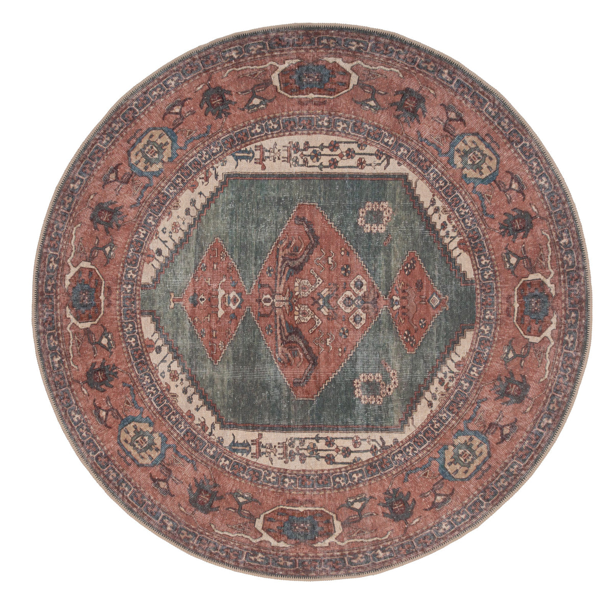 Flatwoven Washable Distressed Terracotta Green Boho Rug - Faro