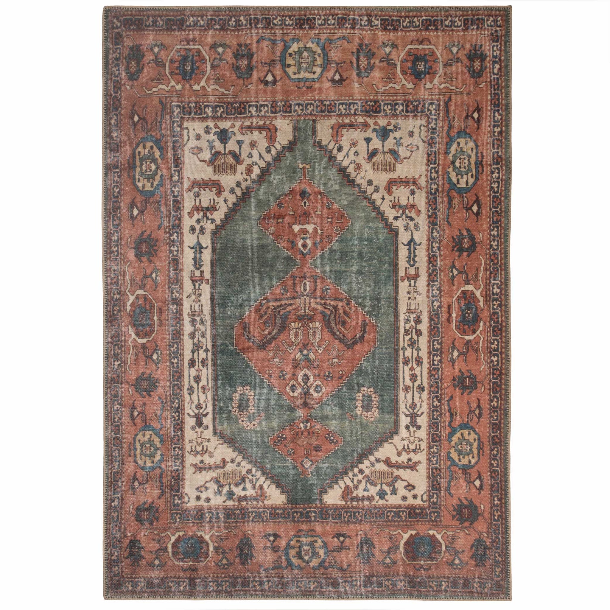 Distressed Terracotta Green Washable Boho Rug