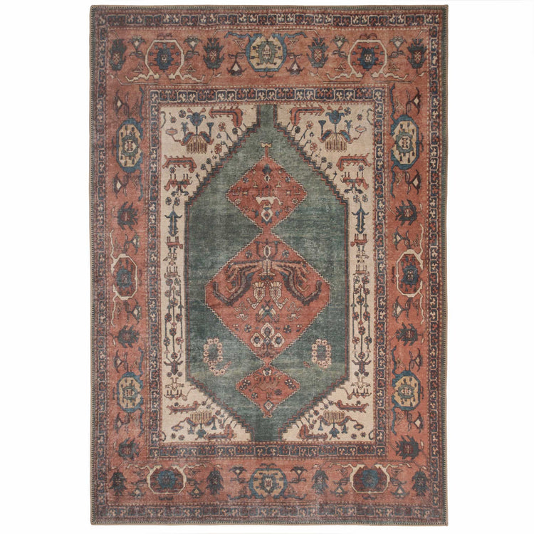 Distressed Terracotta Green Washable Boho Rug