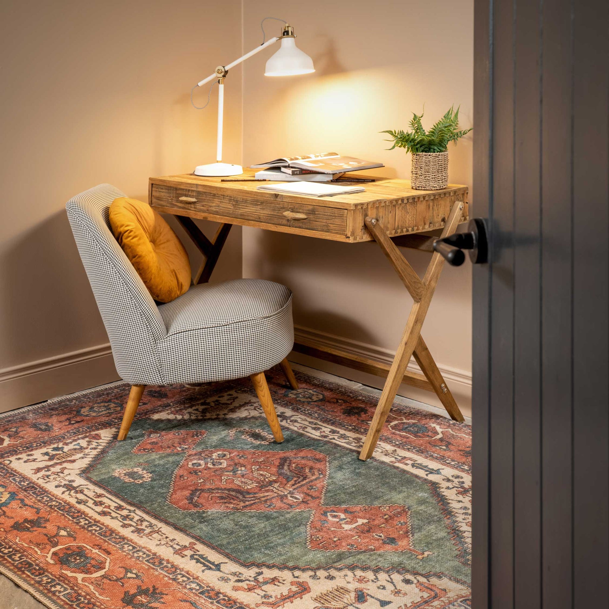 Distressed Terracotta Green Washable Boho Rug