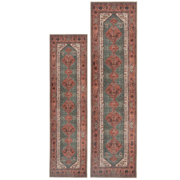Distressed Terracotta Green Boho Runner Rug
