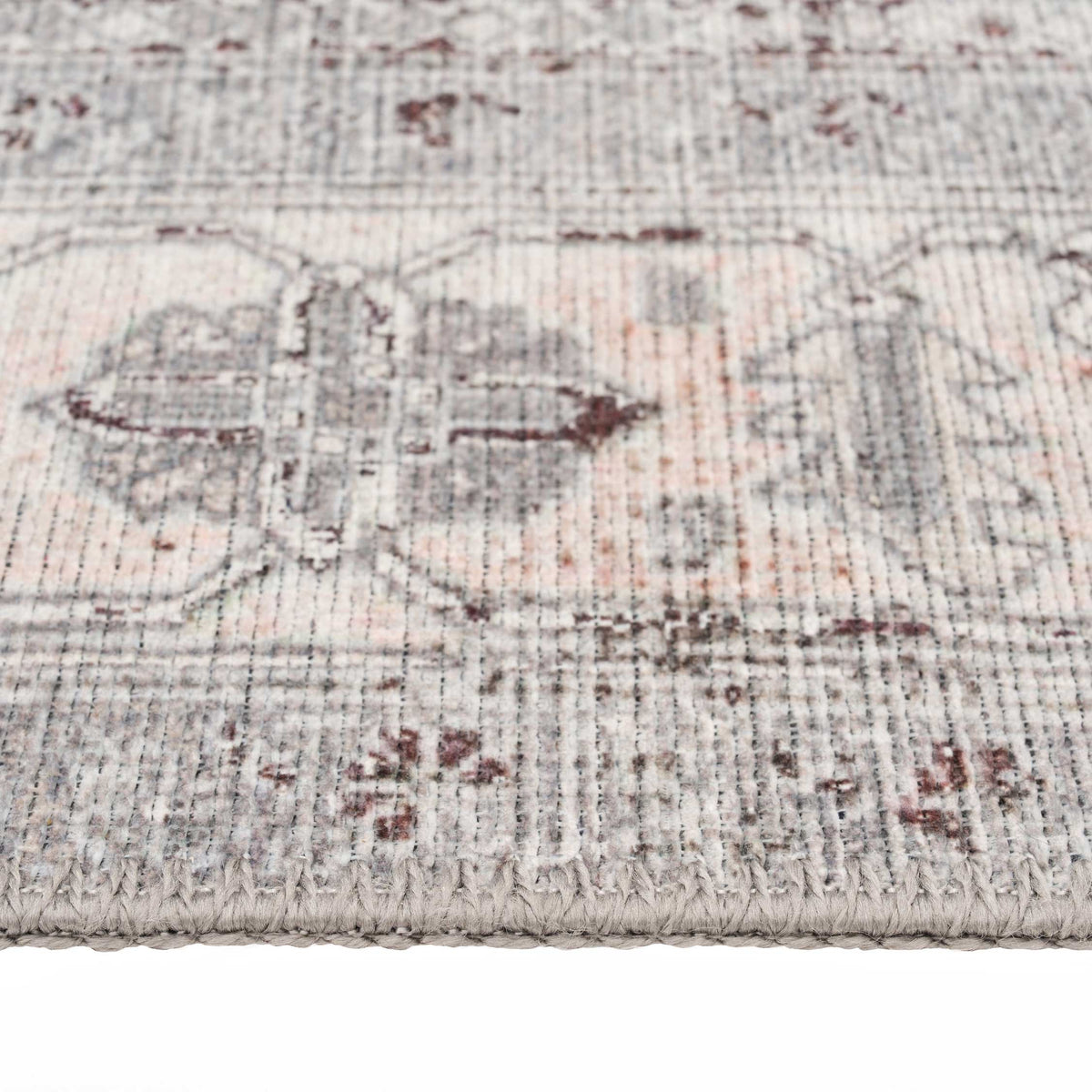 Distressed Grey Washable Bordered Runner Rug