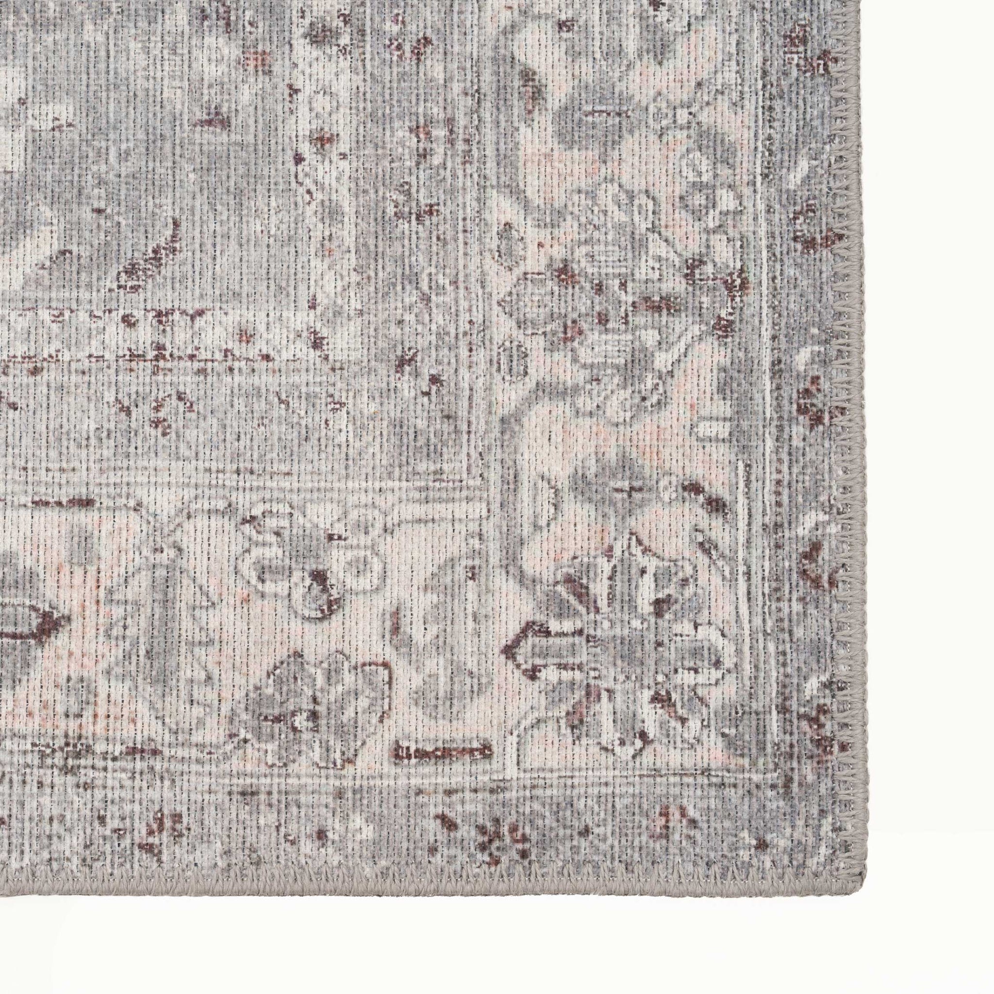 Distressed Grey Washable Bordered Runner Rug