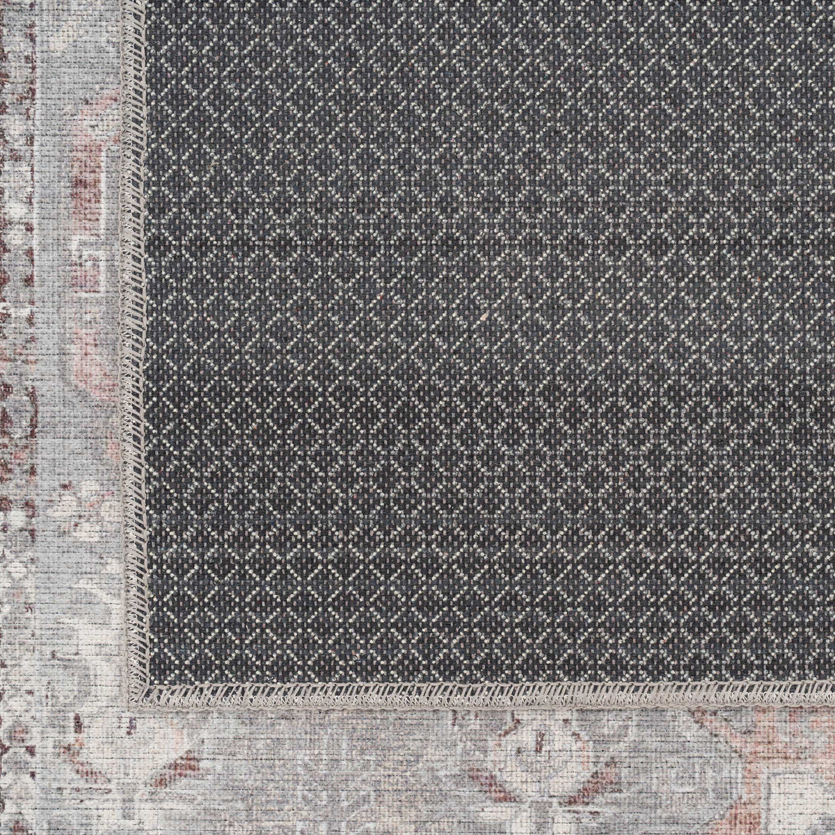Distressed Grey Washable Bordered Rug