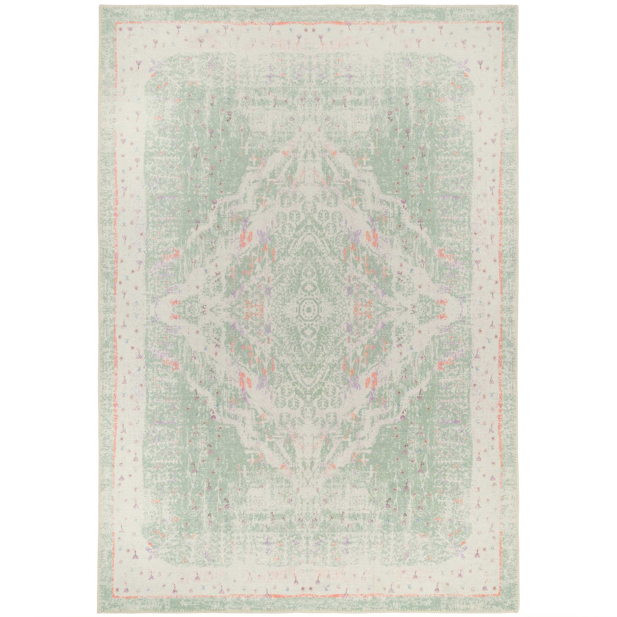 Washable Distressed Green Medallion Rug