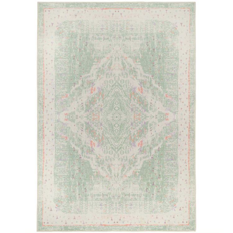 Washable Distressed Green Medallion Rug