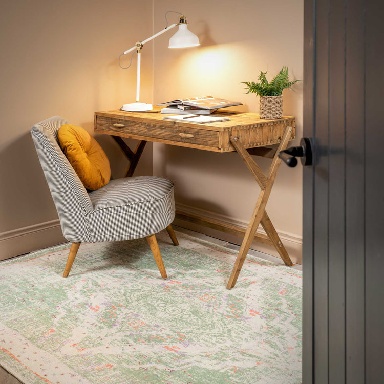 Washable Distressed Green Medallion Rug