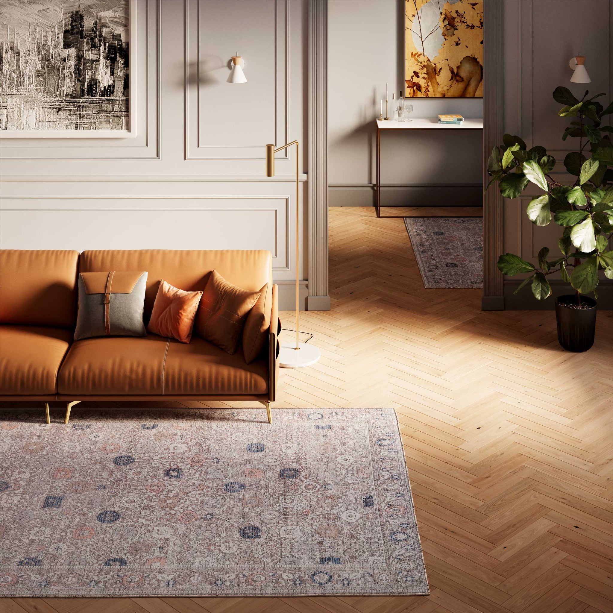 Flatwoven Washable Vintage Distressed Floral Area Rug - Macie