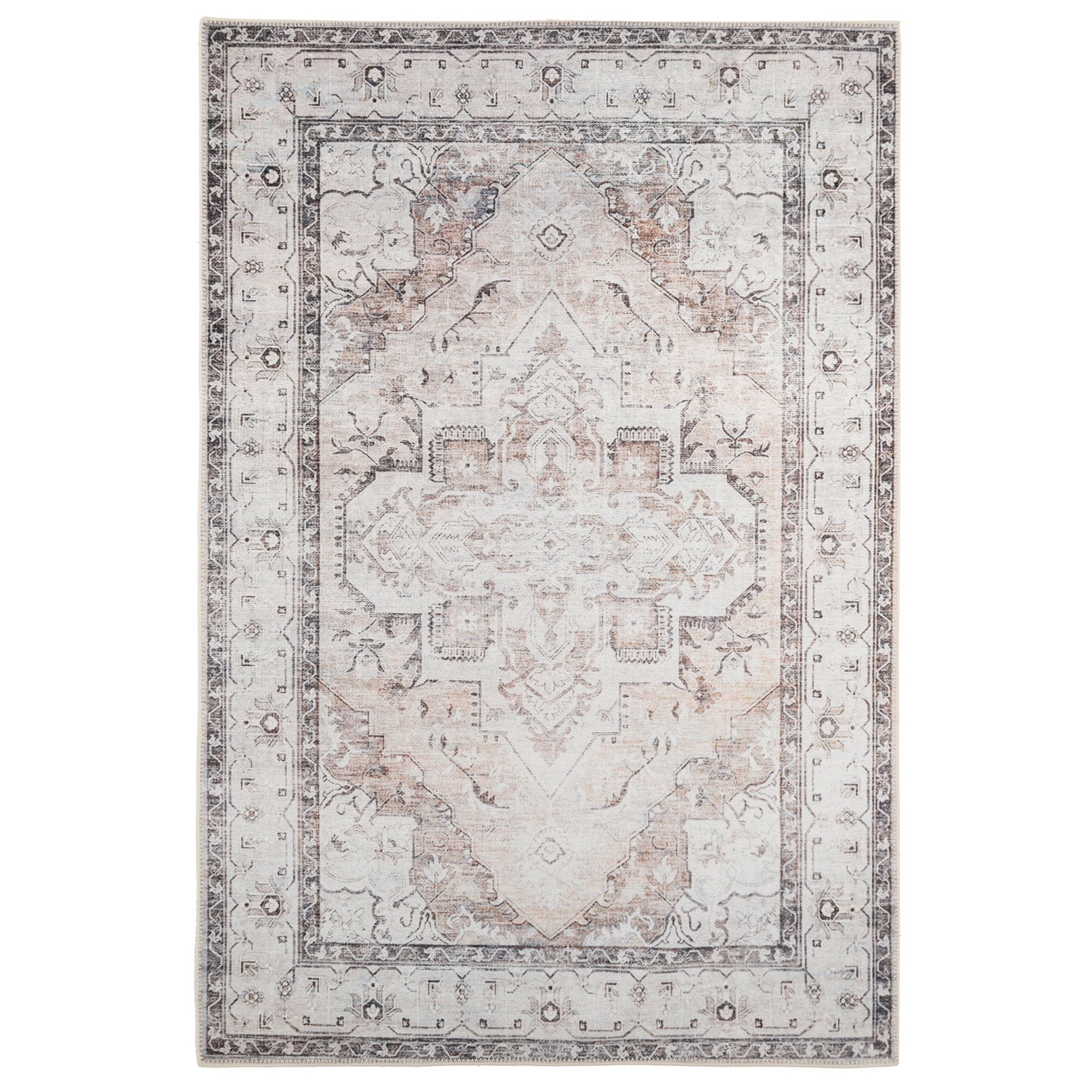 A vintage ivory area rug with a floral pattern and decorative borders in a mix of soft ivory, taupe, and grey tones.