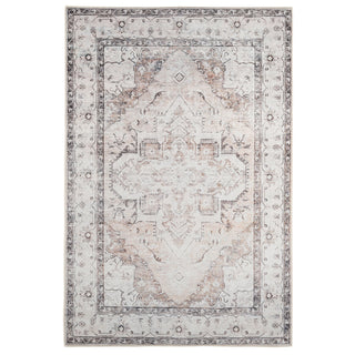 A vintage ivory area rug with a floral pattern and decorative borders in a mix of soft ivory, taupe, and grey tones.