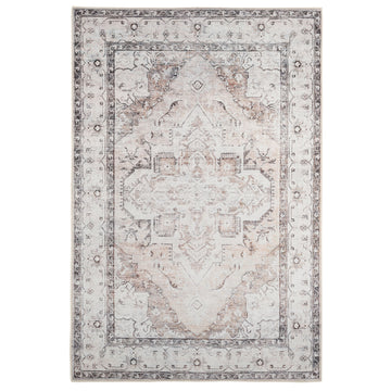A vintage ivory area rug with a floral pattern and decorative borders in a mix of soft ivory, taupe, and grey tones.