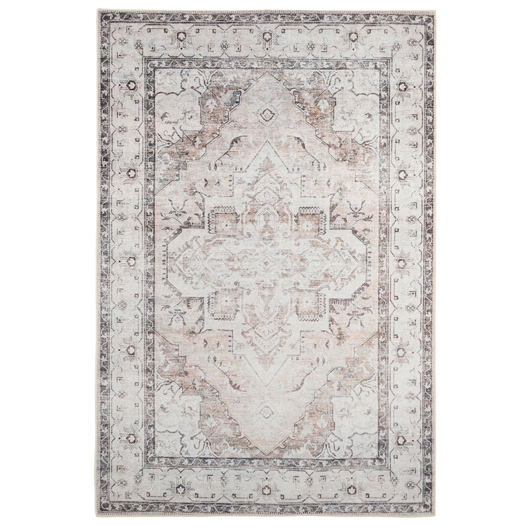 A vintage ivory area rug with a floral pattern and decorative borders in a mix of soft ivory, taupe, and grey tones.