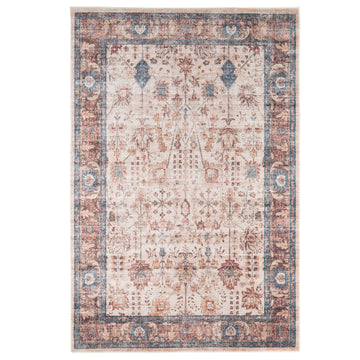 A traditional design area rug featuring floral patterns with a blend of earthy and blue tones, flatwoven texture, and a non-slip backing.