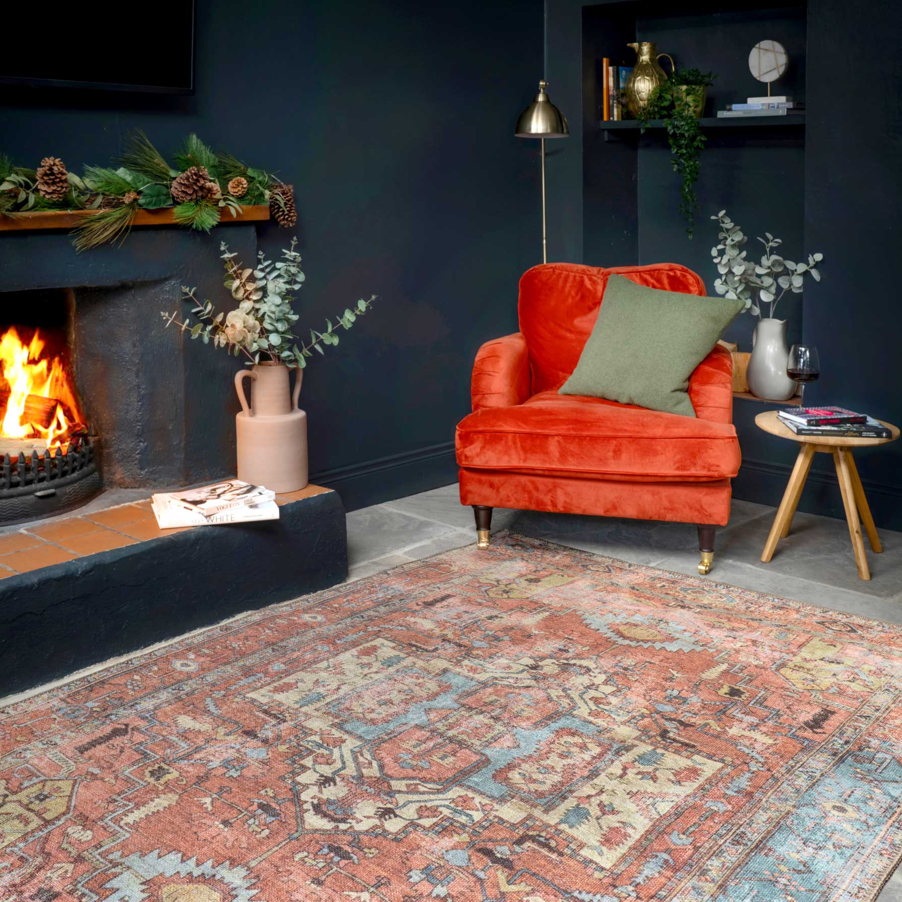 Flatwoven Washable Distressed Terracotta Aztec Boho Rug - Yana | Living ...