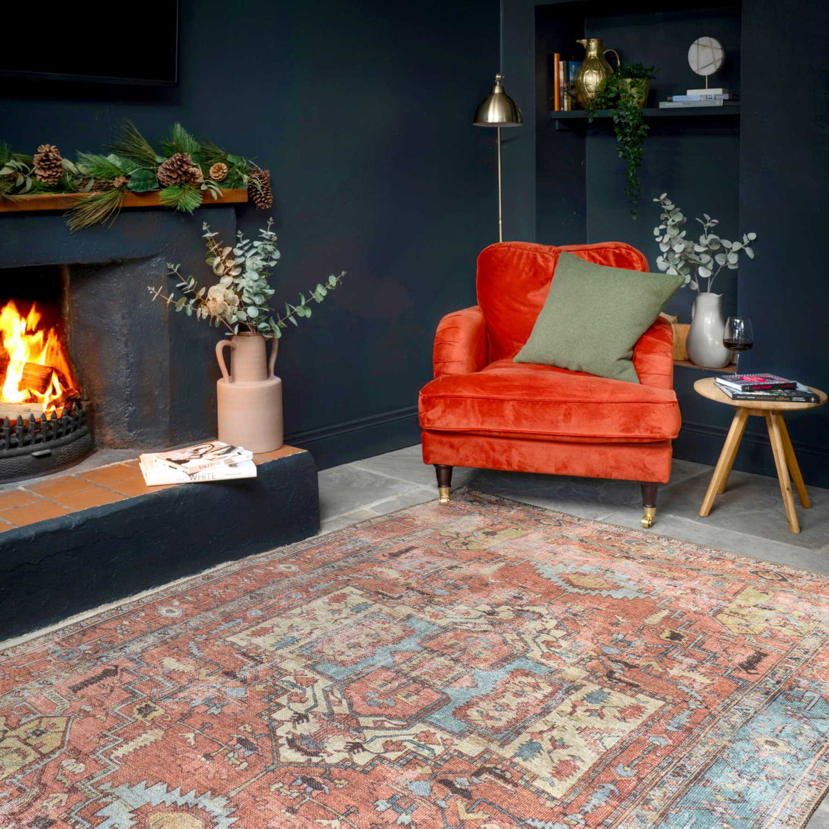 Distressed Terracotta Aztec Washable Boho Rug