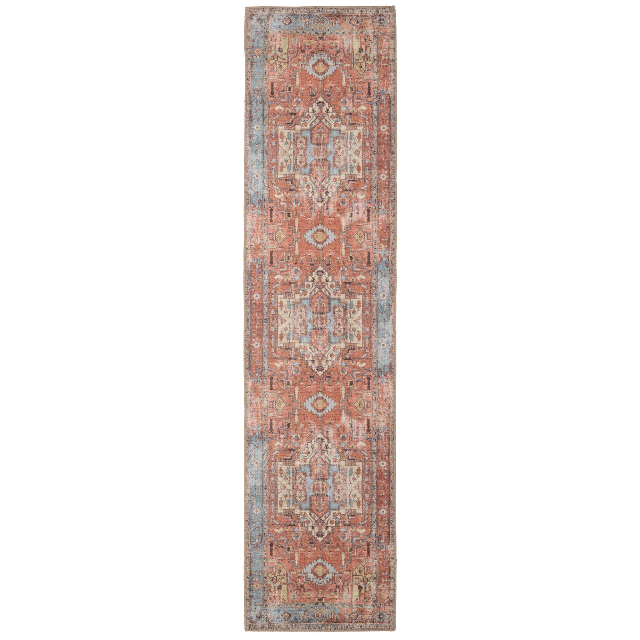 Distressed Terracotta Aztec Washable Runner Rug