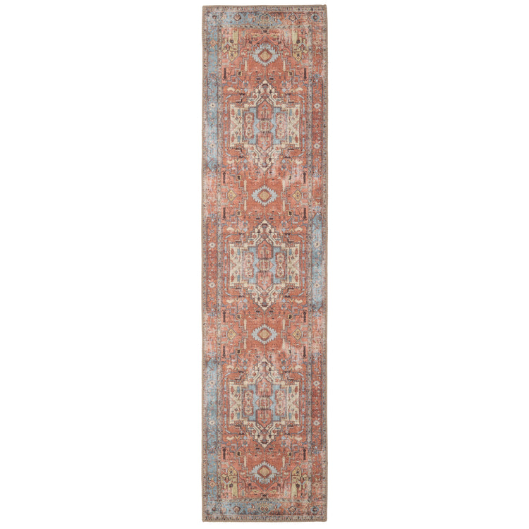 Distressed Terracotta Aztec Washable Runner Rug