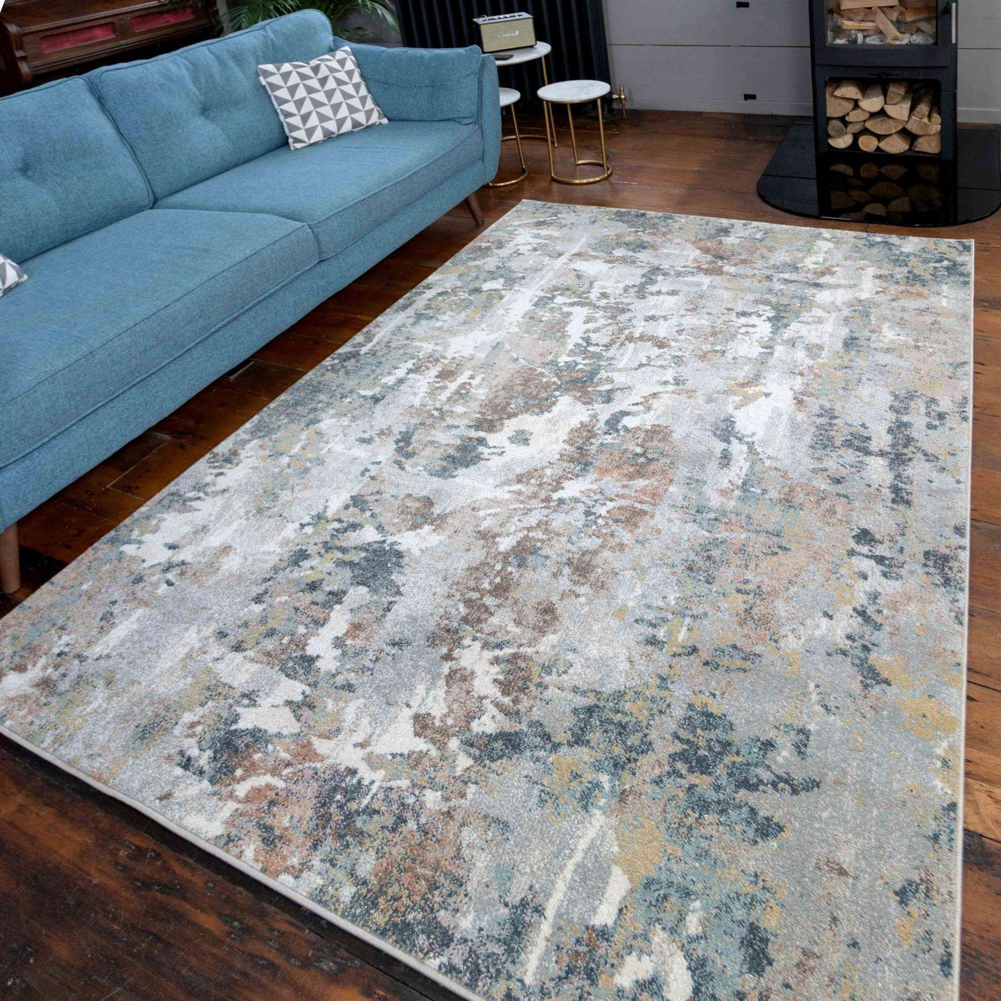 Soft Modern Blue Grey Painted Canvas Effect Rugs
