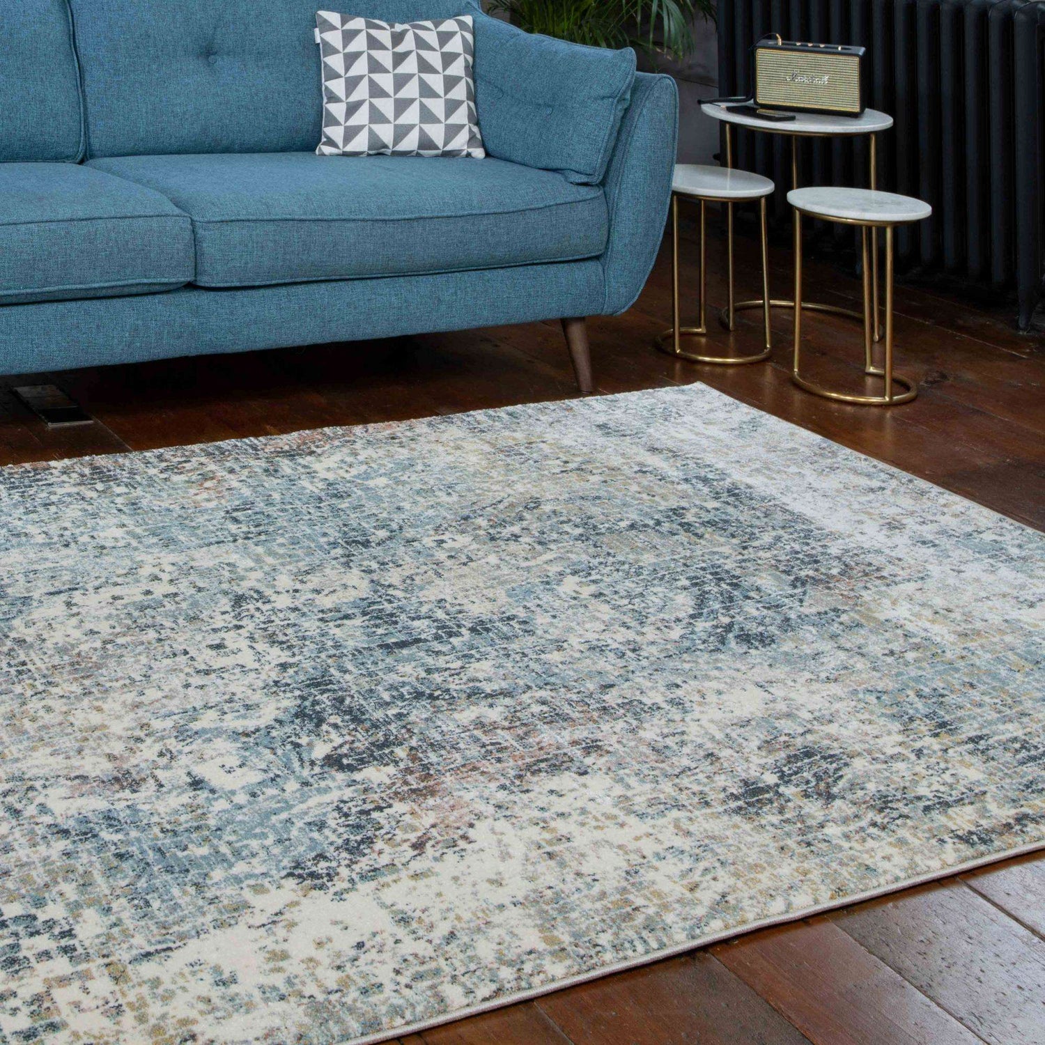 Soft Modern Blue Distressed Abstract Bedroom Rugs