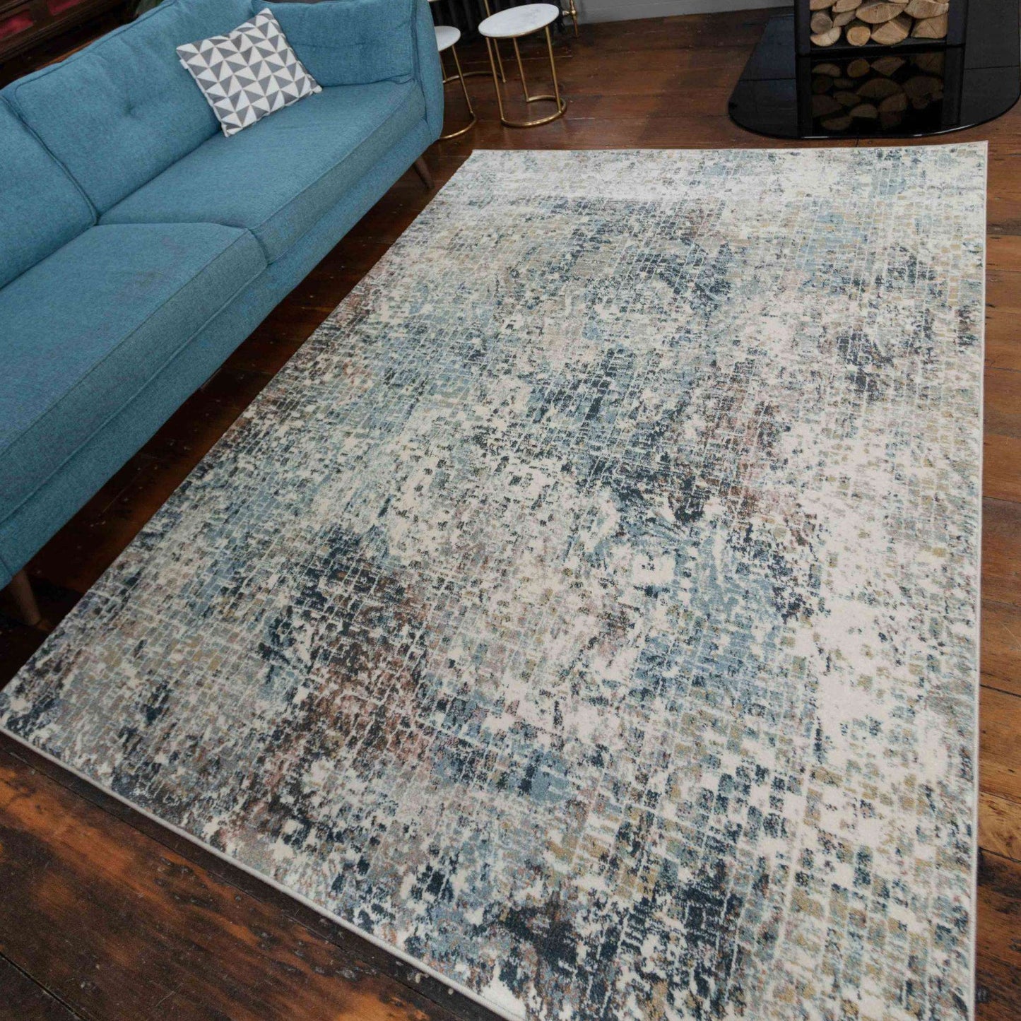 Soft Modern Blue Distressed Abstract Bedroom Rugs