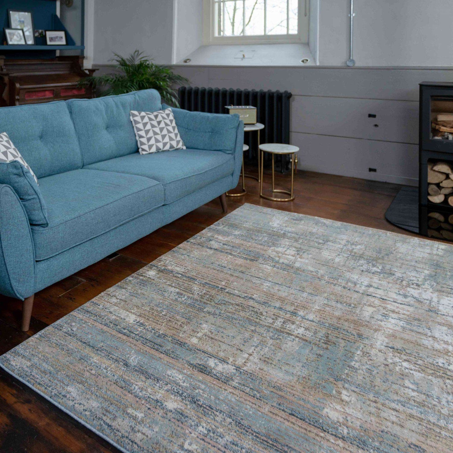 Soft Modern Blue Distressed Scratched Effect Rugs