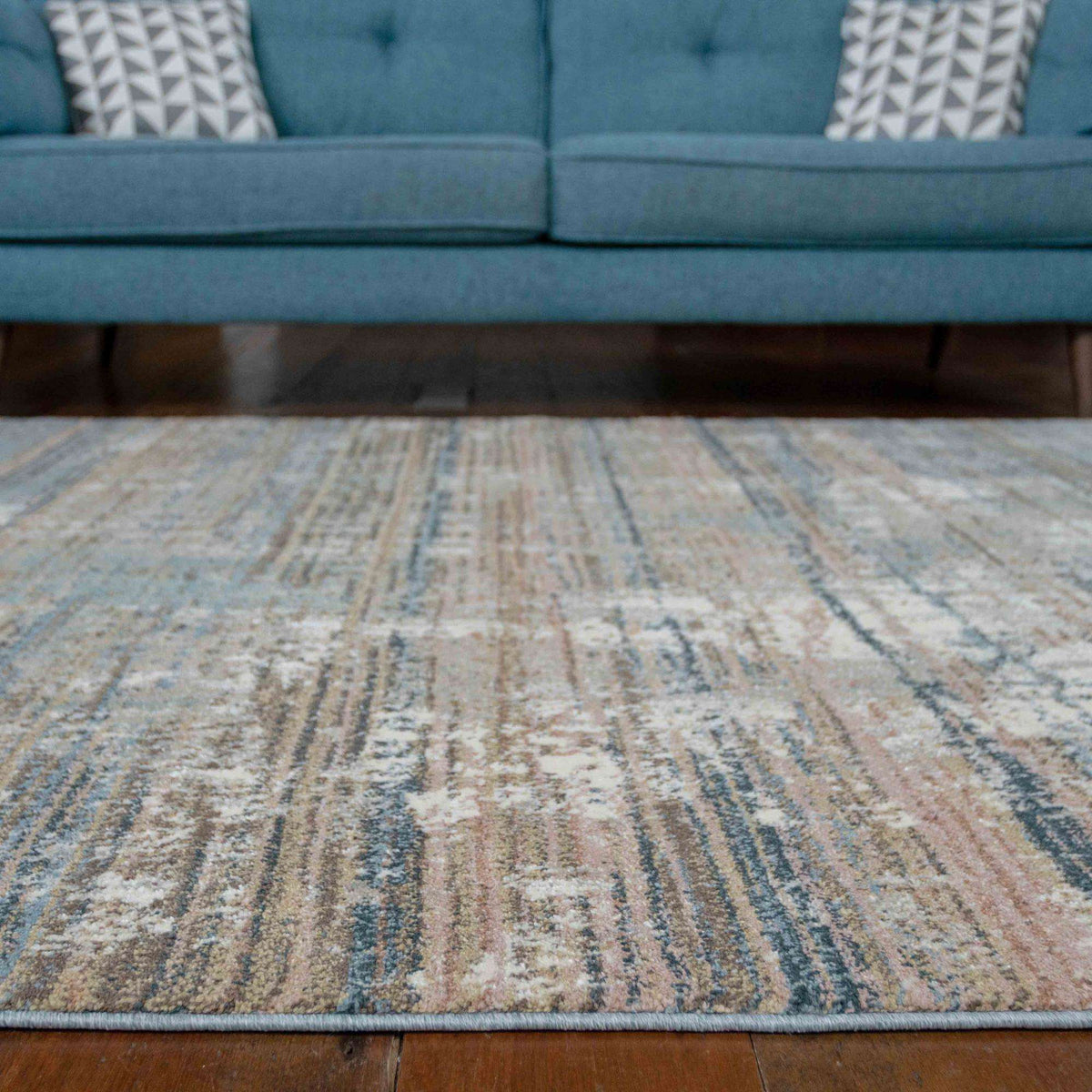 Soft Modern Blue Distressed Scratched Effect Rugs