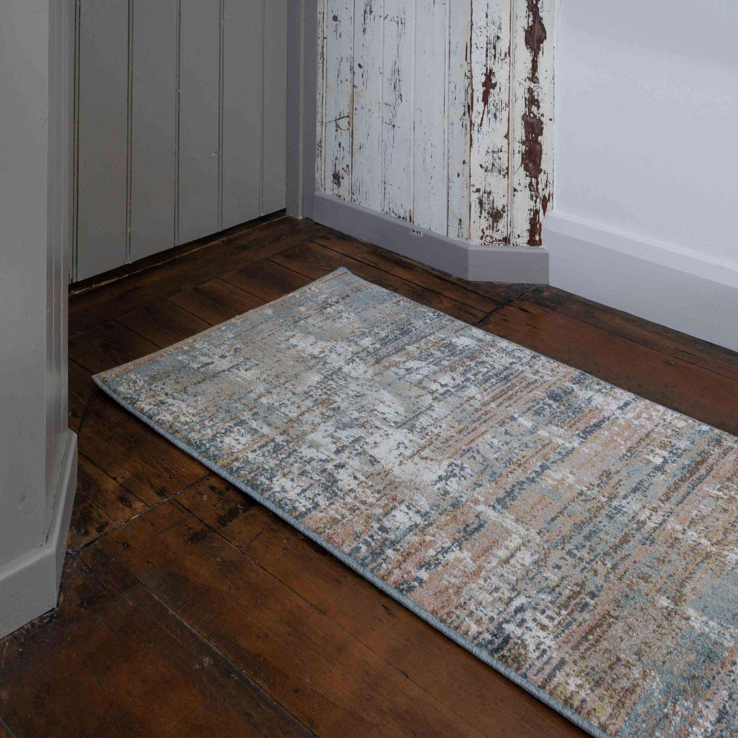 Soft Modern Blue Distressed Scratched Effect Rugs