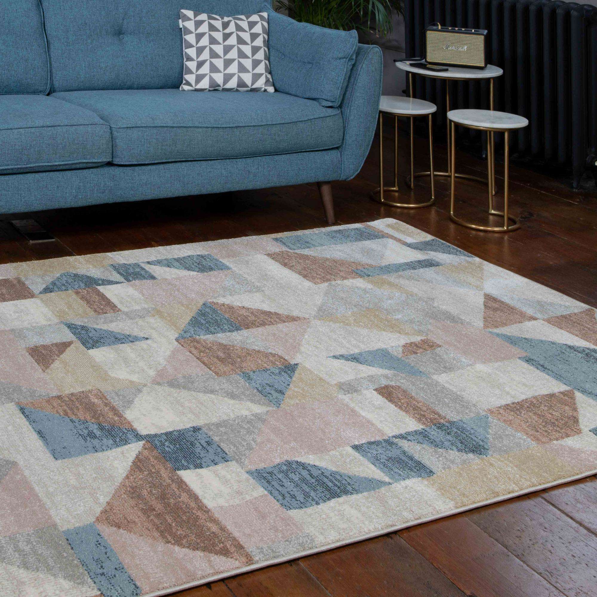Soft Modern Blue Brown Geometric Abstract Living Room Rugs
