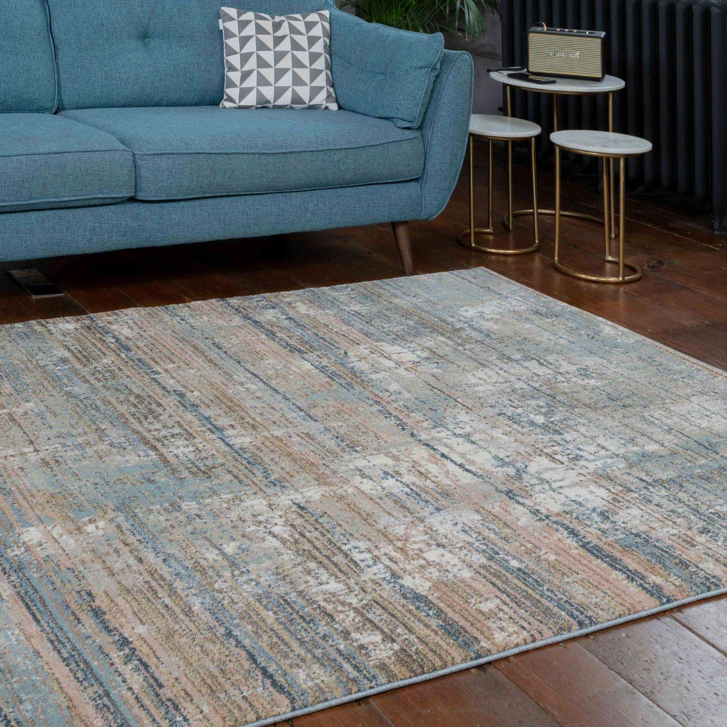 Soft Modern Blue Distressed Scratched Effect Runner Rugs