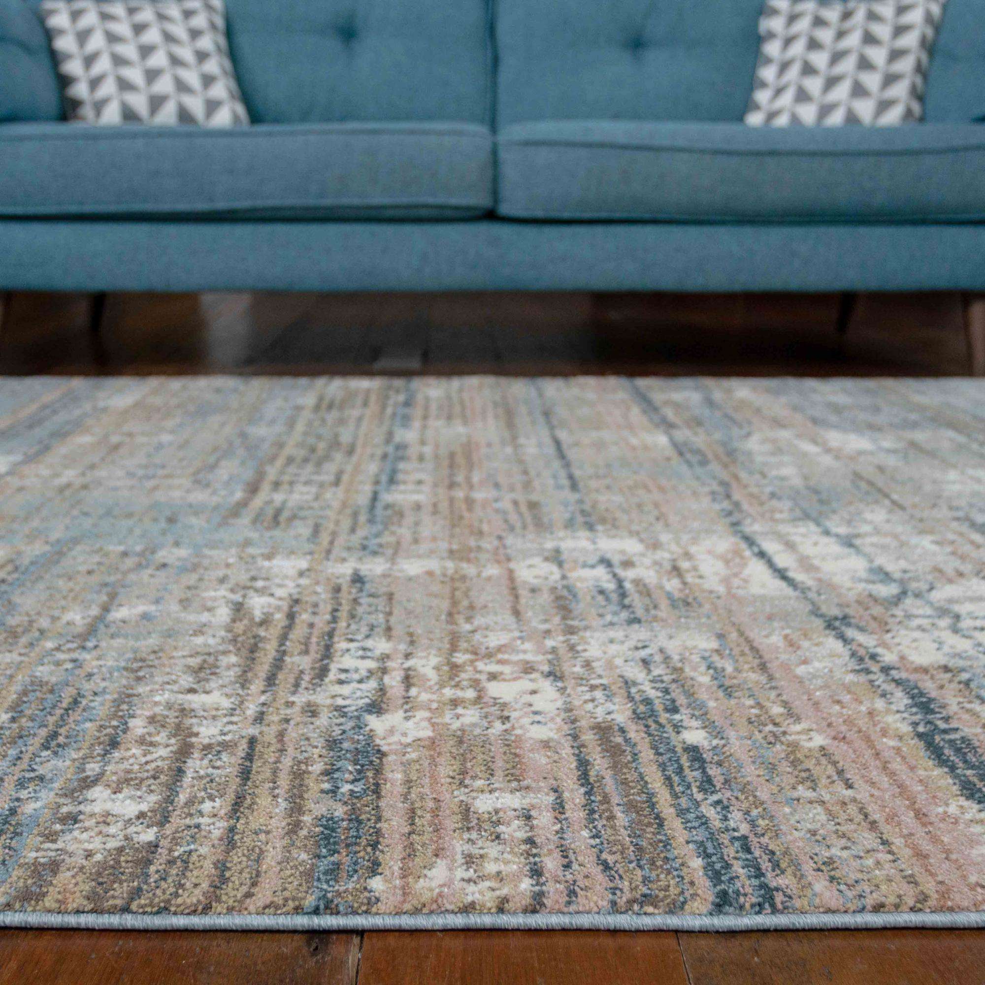 Soft Modern Blue Distressed Scratched Effect Runner Rugs
