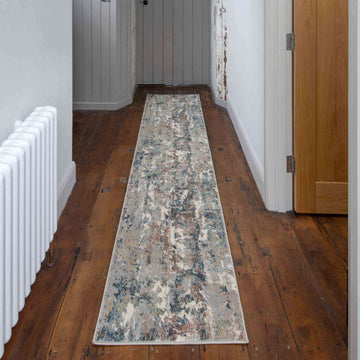 Soft Modern Blue Grey Painted Canvas Effect Hall Runner Rugs