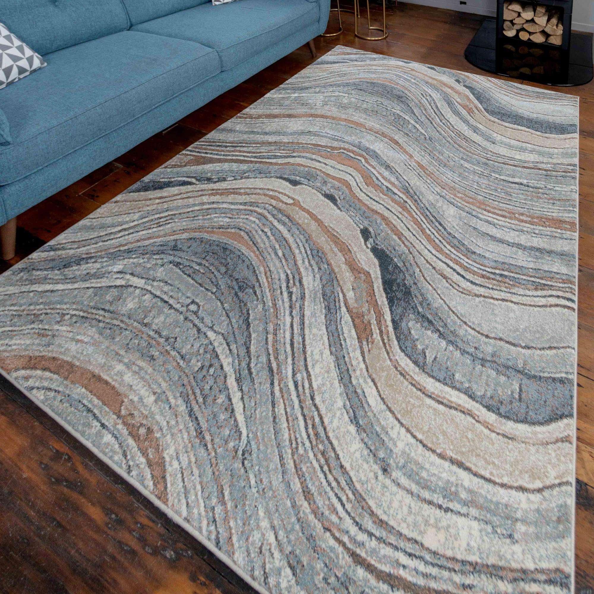 Soft Modern Blue Natural Waves Hall Runner Rugs