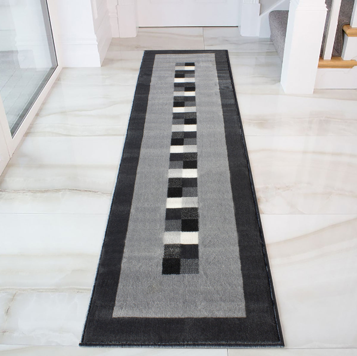 Geometric Bordered Black and Grey Rug