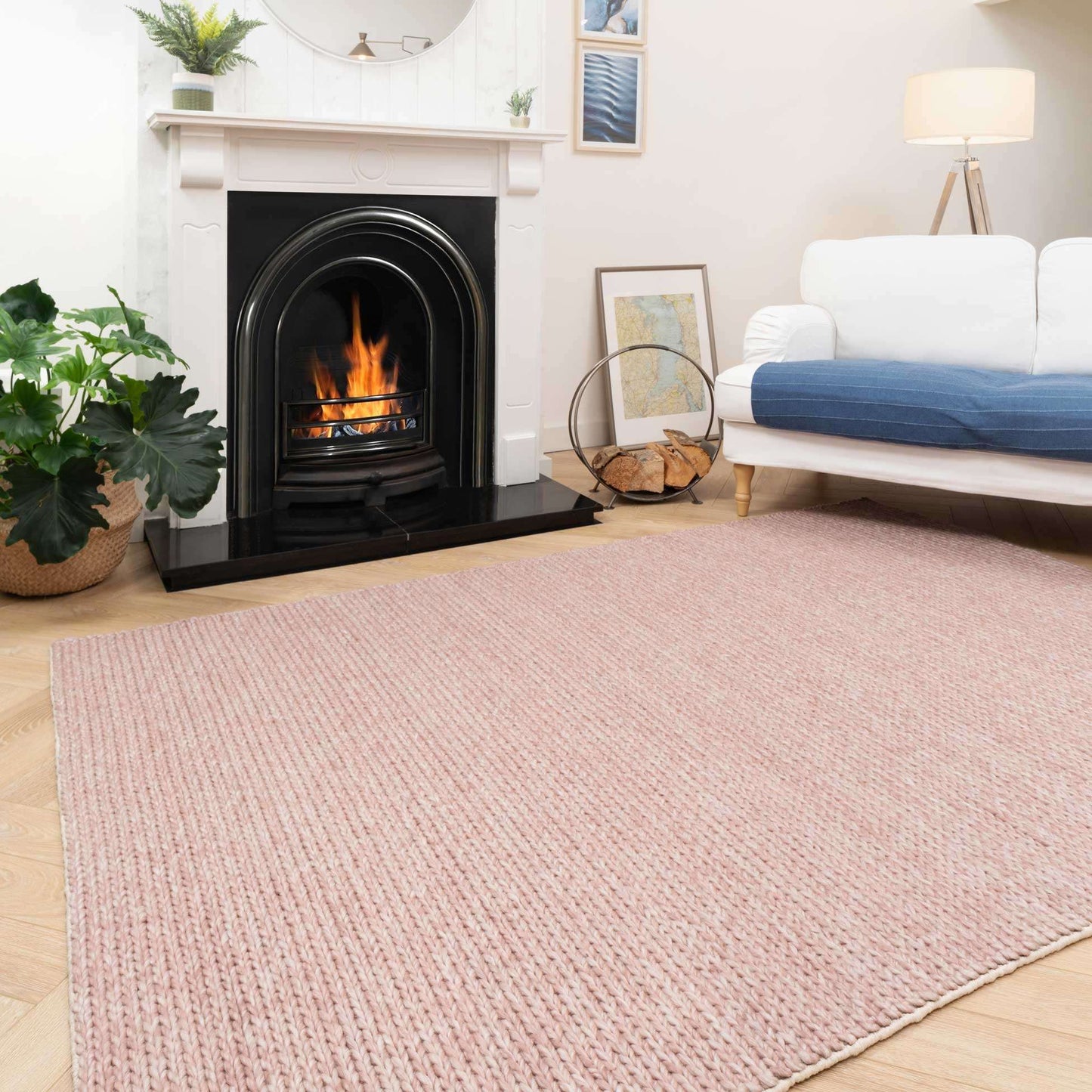 Blush Pink Plait Wool Living Room Rug