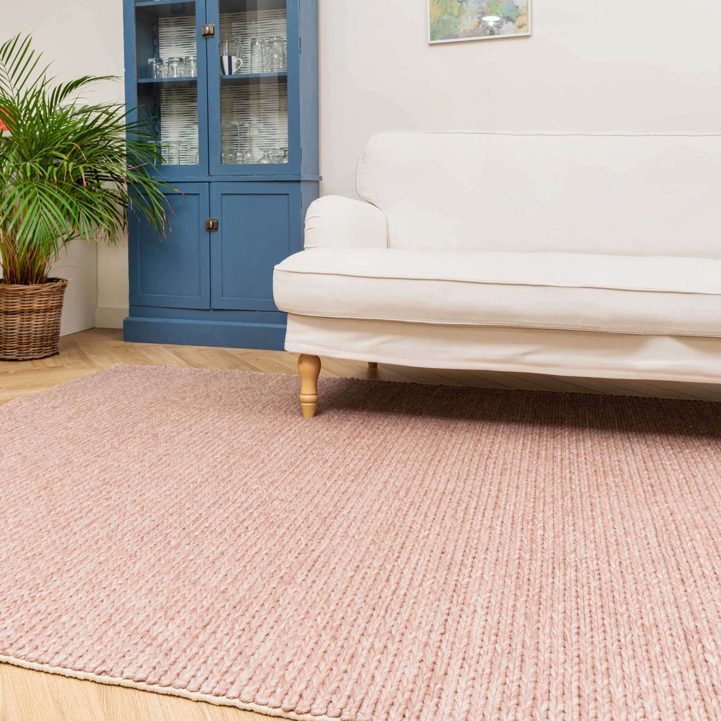 Blush Pink Plait Wool Living Room Rug