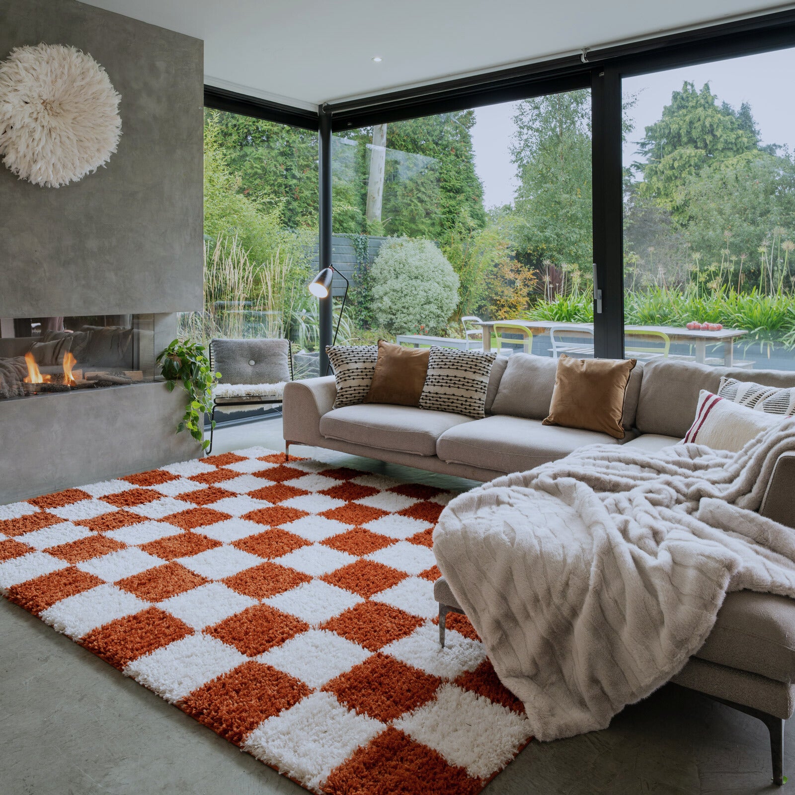 Soft Rust Checkerboard Shaggy Rug - Gigi