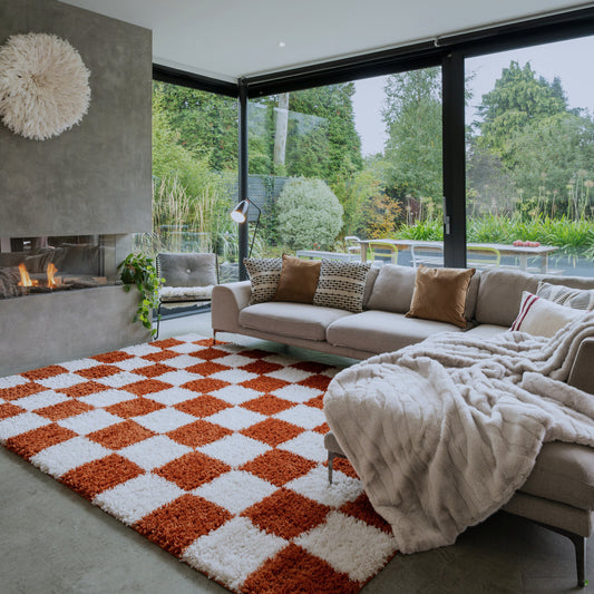 Soft Rust Checkerboard Shaggy Rug - Gigi