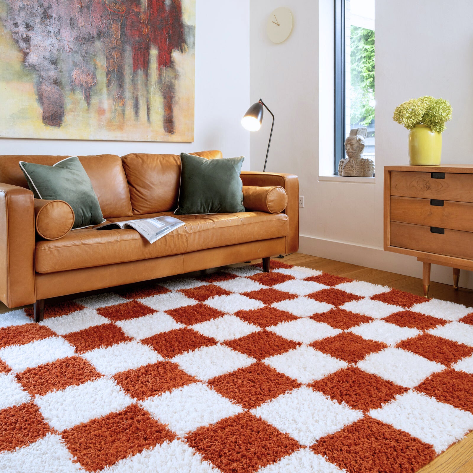 Soft Rust Checkerboard Shaggy Rug - Gigi | Living Room Rugs