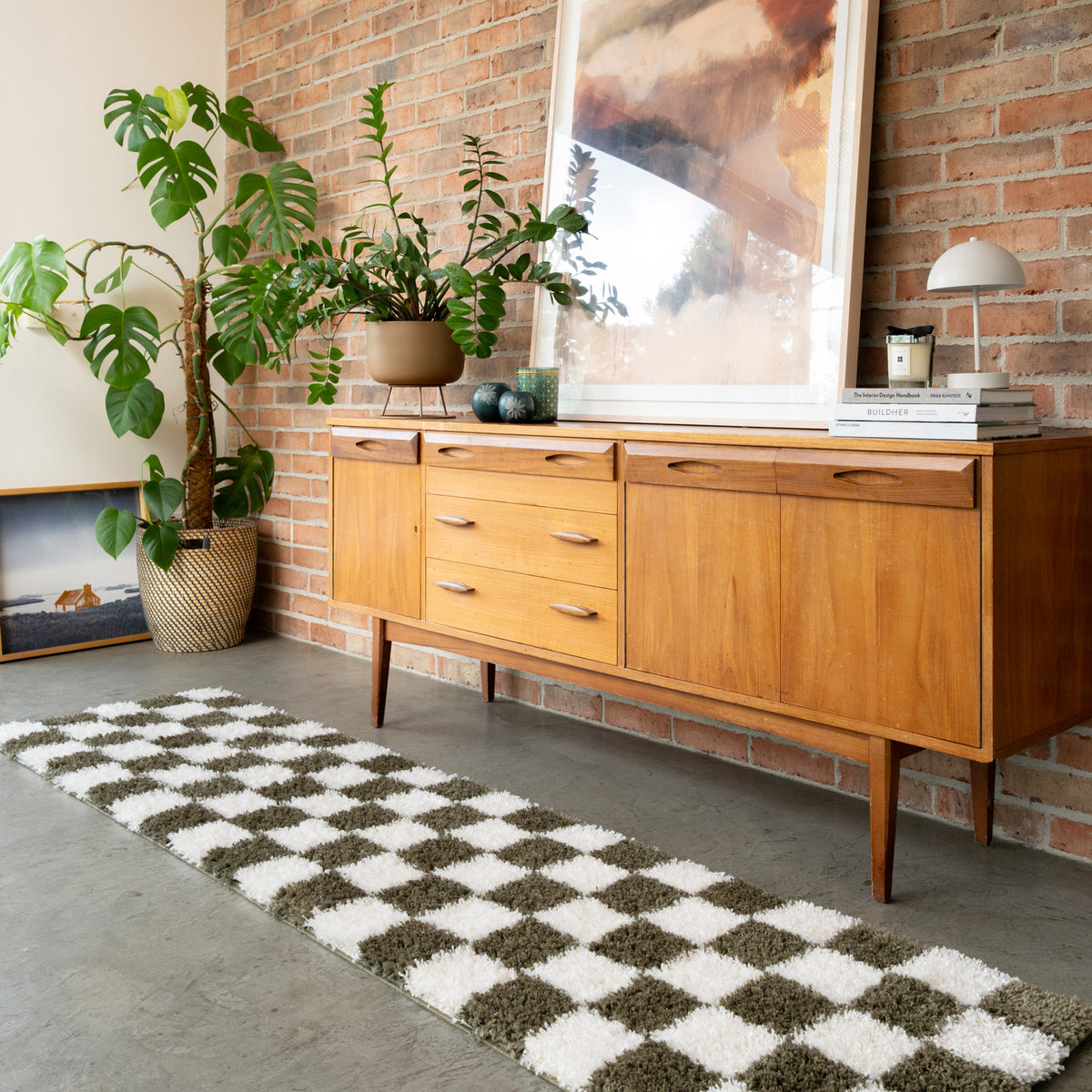 Soft Green Checkerboard Shaggy Rug - Josie