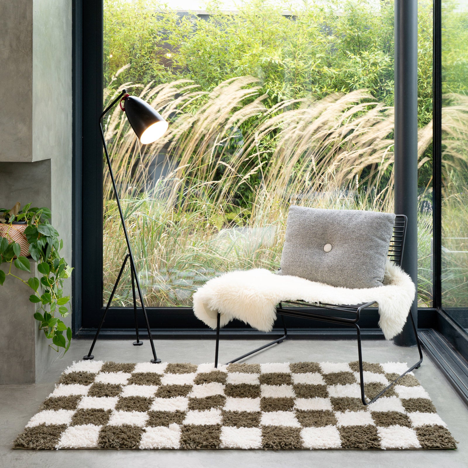 Soft Green Checkerboard Shaggy Rug - Josie