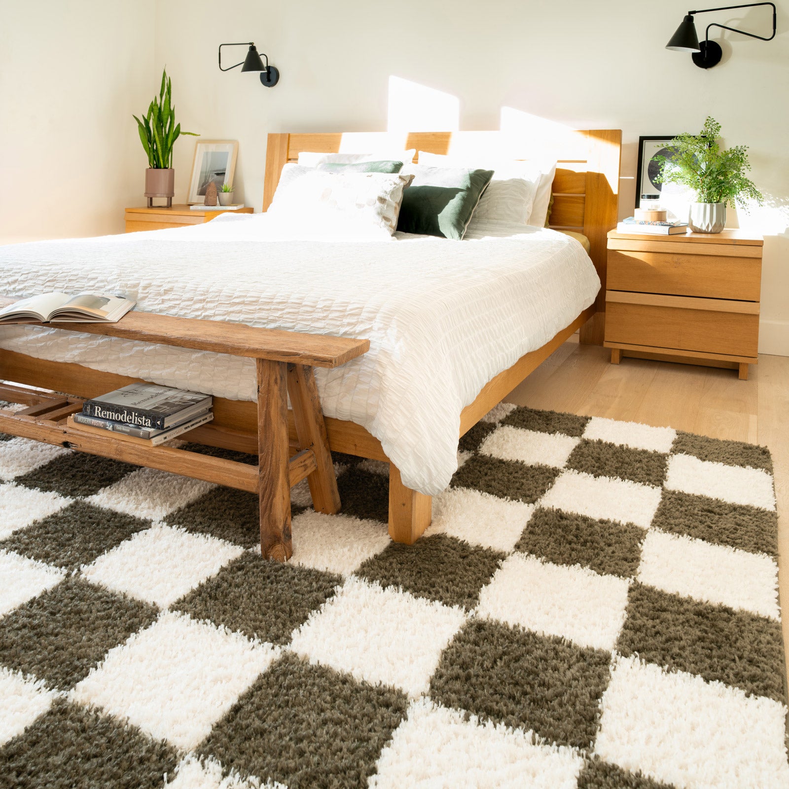 Soft Green Checkerboard Shaggy Rug - Josie