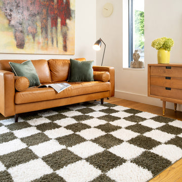 Soft Green Checkerboard Shaggy Rug - Josie
