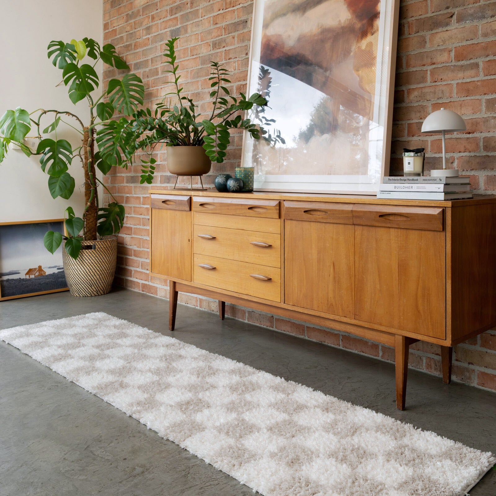 Soft Beige Checkerboard Shaggy Runner - Konnie