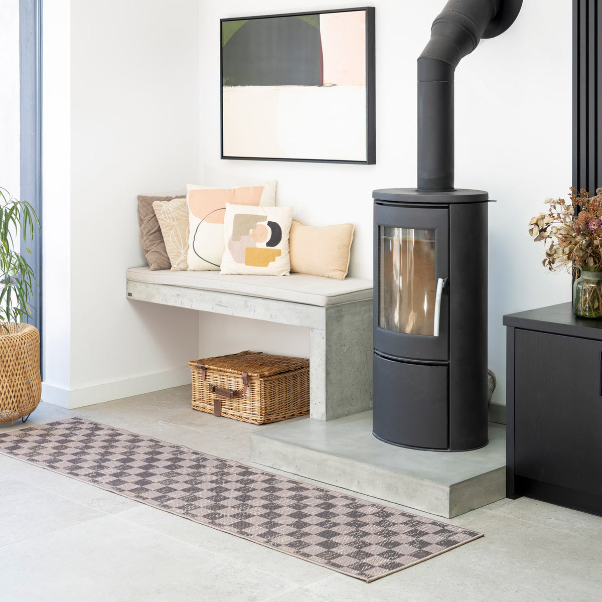 Washable Brown Checkerboard Jute Style Runner - Juno