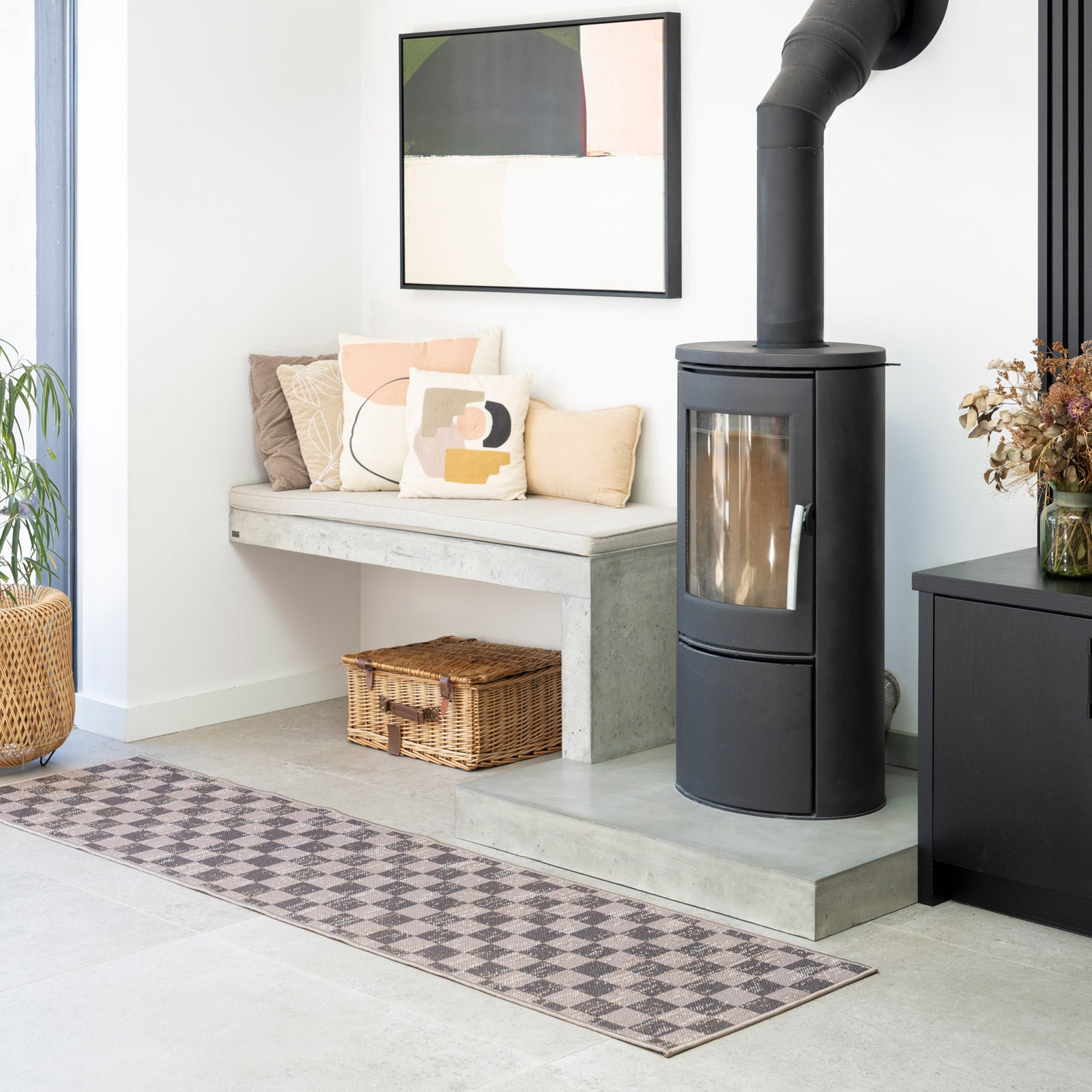 Washable Brown Checkerboard Jute Style Runner - Juno