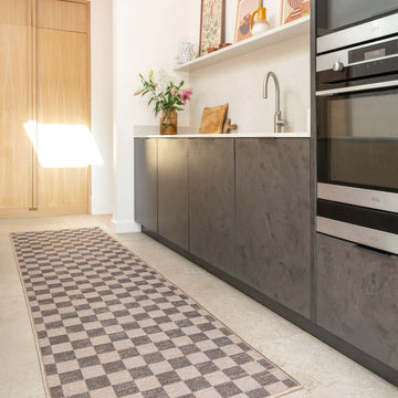 Washable Brown Checkerboard Jute Style Runner - Juno