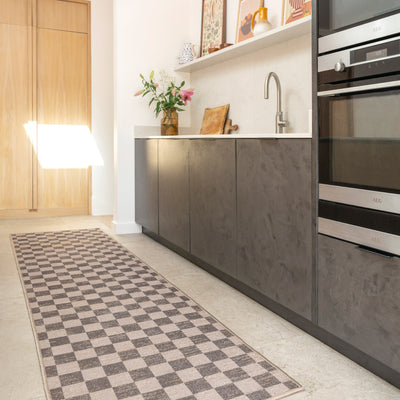Washable Brown Checkerboard Jute Style Runner - Juno