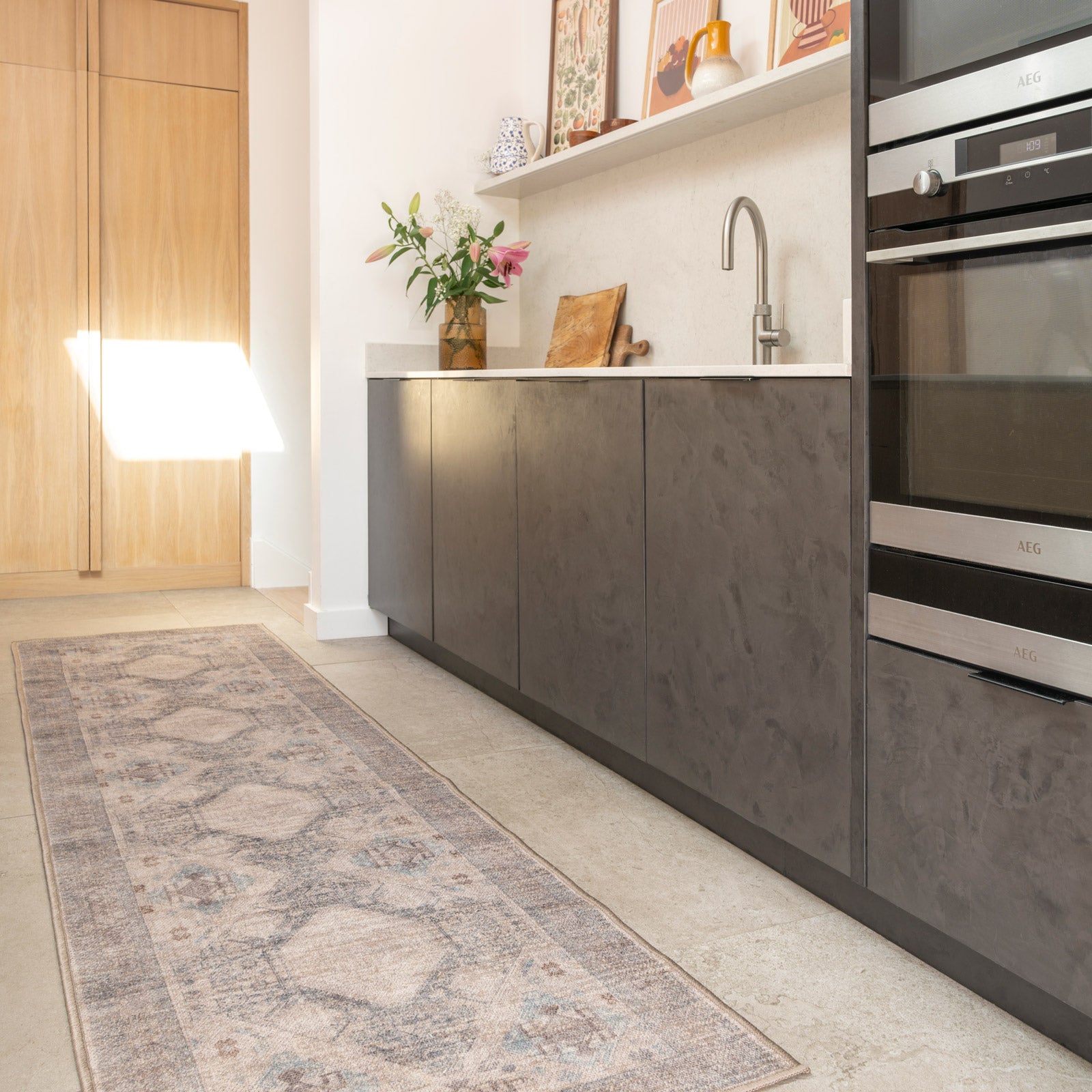 Washable Greige Blue Jute Style Runner - Ruah